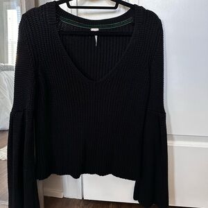 Free People Black V-Neck Ribbed Knit Sweater with Flared Sleeves
